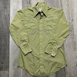 VTG 60s/70s Rawhide Western Shirts Green Pearl Snap Embroidered Mens 15 1/2-32
